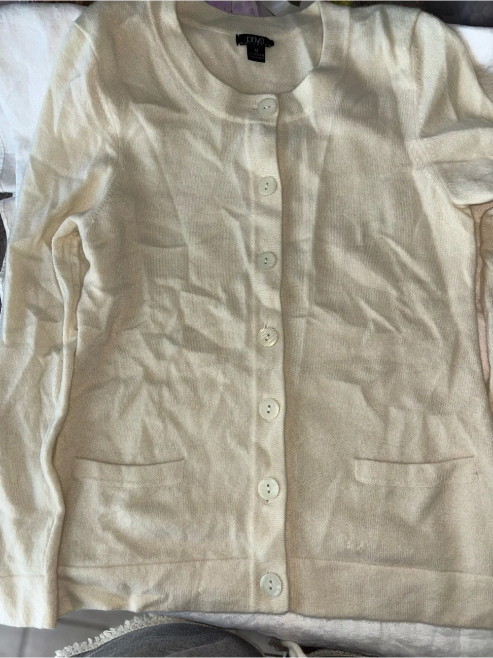 Privé Cashmere Cardigan Sweater Women M Ivory Cream 100% Wool Button Pocket